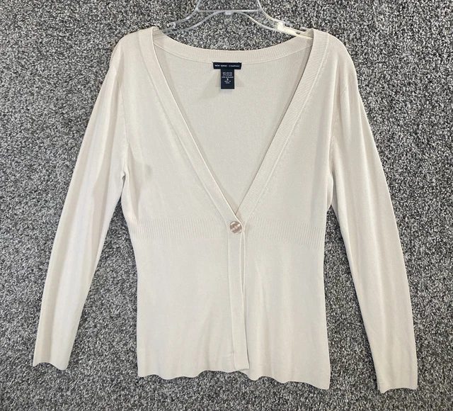 New York & Company Cardigan Sweater Womens Small Tan Long Sleeve Knit V Neck*