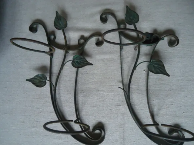 Vintage Pair of Cast Iron Leaves & Scrolls 3” Flower Pot Holders Wall Sconces  