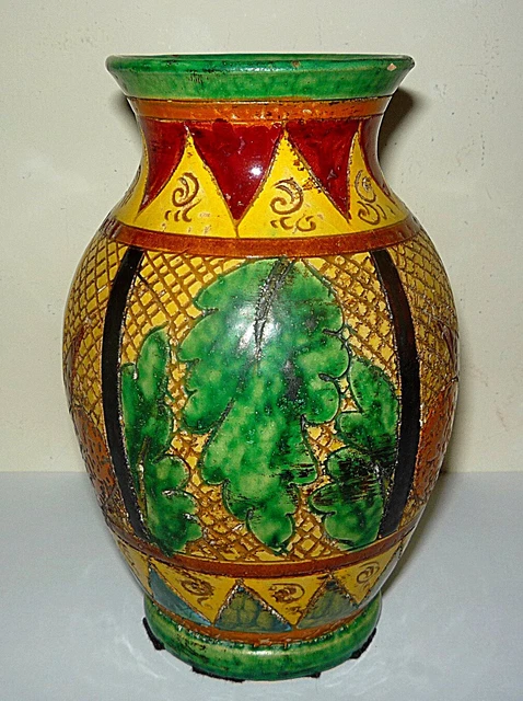 Vintage Small Italian Incised Majolica Floral Design Pottery Ceramic Vase