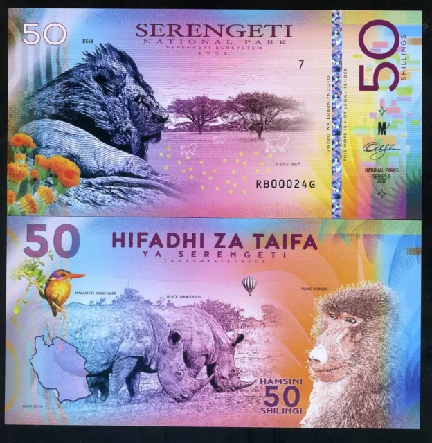Tanzanie, parc national du Serengeti, 50 shillings, polymère, 2018 - lion, rhinocéros