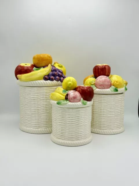 Fitz & Floyd Calypso Fruit Set of 3 Canisters Fruit Basket Basketweave EXCELLENT