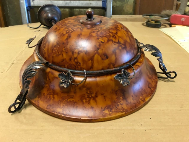 Alte Hängelampe mit Blätter H 58 cm Glas rund Eisen