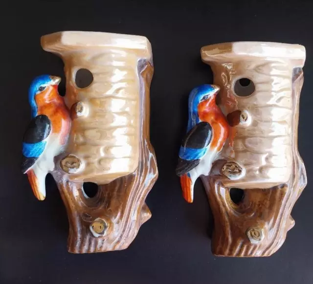 Paire De Vase Mural Oiseaux Vintage Annee 50 En Porcelaine