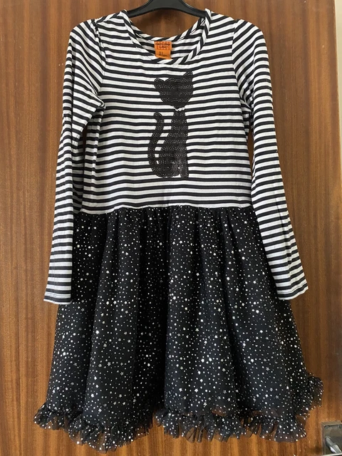 Costume abito Fab Halloween B+W a righe, gonna a rete con stelle, gatto nero età 8-12