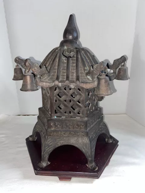 Antique Toro Japanese Heavy Bronze/Cast Iron Hexagonal Lantern W/Stand