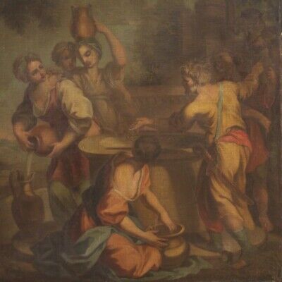 Rebecca y Eliezer en el pozo pintura oleo sobre lienzo antiguo siglo XVIII 700