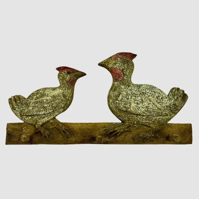 ANTIQUE FOLK ART Polychrome Rooster Chicken Carved Wood Wall Hang Hat ...