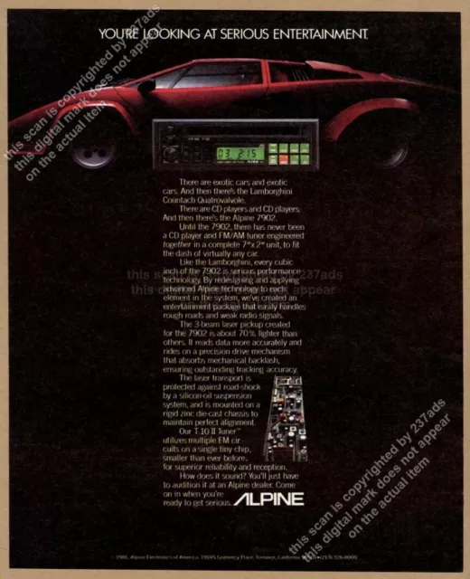 1986 Lamborghini Countach car classic photo Alpine car stereo vintage print ad