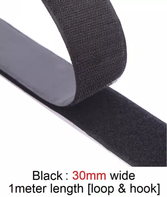 VELCRO SELF ADHESIVE Stick on Tape HOOK & LOOP Sticky Strips - Black 30mm x 1m