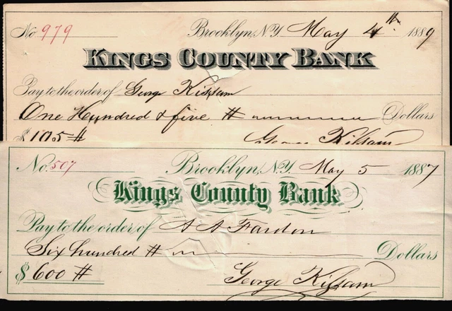 KINGS CO BANK BROOKLYN CHECK(S) of GEO KISSAM MERCHANT/SLAVEHOLDER Priced SINGLY