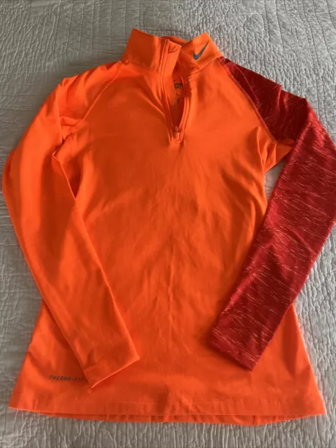 Nike Pro Combat Womens Dri-Fit Fitted 1/4 Zip Running Orange Pullover Medium