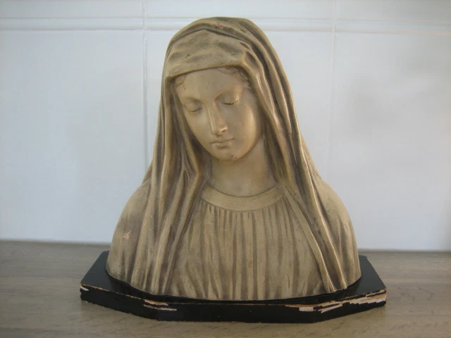 Buste De La Vierge Marie En Faïence Sur Socle Bois - Décoration Religieuse