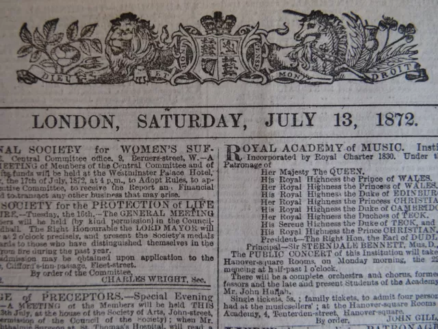 1872 THE LONDON TIMES Saturday 13th July 1872 Antique Victorian Newspaper