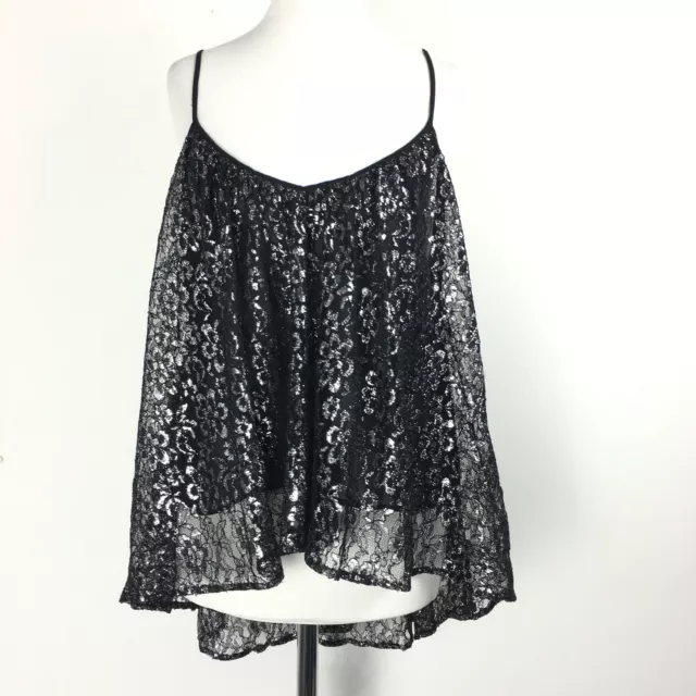 Zara Woman Small 8/10 Top Cami Vest Floaty Black Lace Floral Silver Voluminous