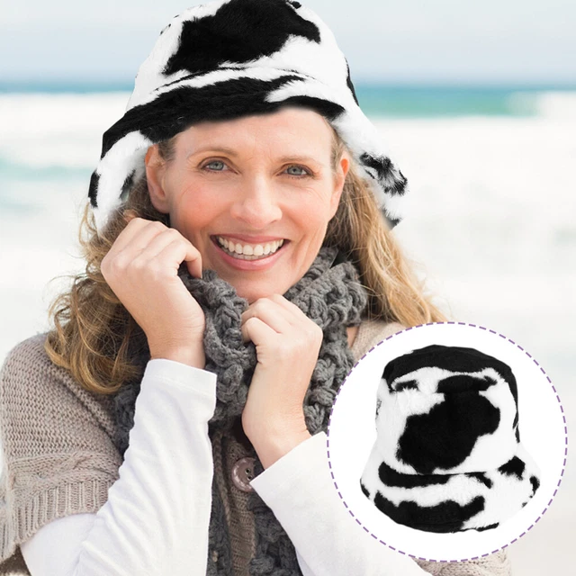 Faux Fur Fisherman Hat Plush Warm Hat Bucket Hats Women Cow Print Hat Outdoor