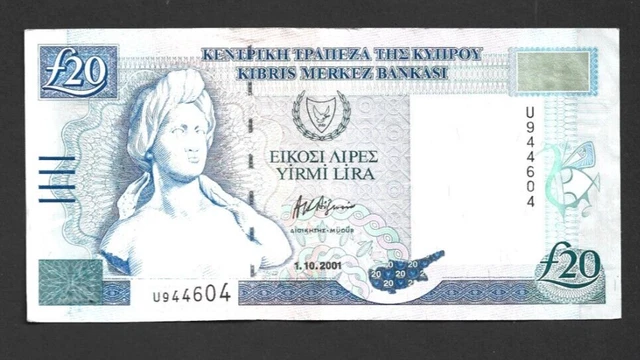 20 Lira/Pounds  Extra Fine  Banknote From Cyprus 2001  Pick-63