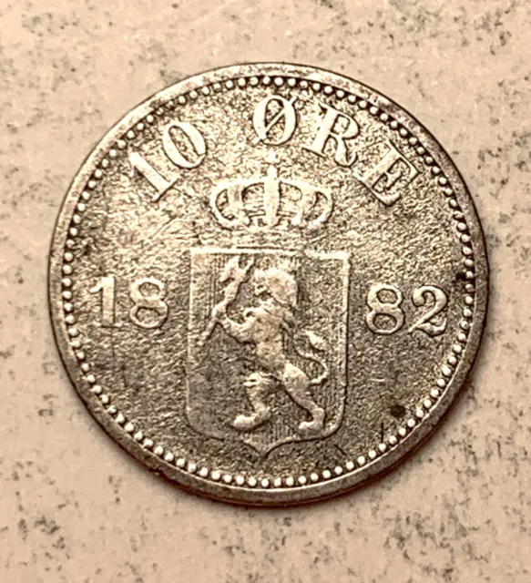 Scarce! Silver 1882 10 Ore Norway - Strong Details!  Look!!  [Fc15]