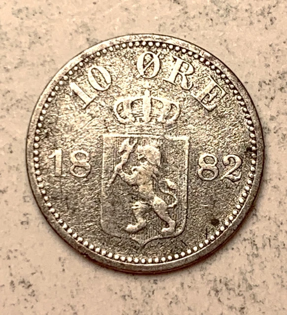 Scarce! Silver 1882 10 Ore Norway - Strong Details!  Look!!  [Fc15]