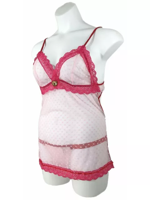 Women Heart Lace Babydoll and Thong Set Light Pink with Hot Pink Lace Trim 4x/5x