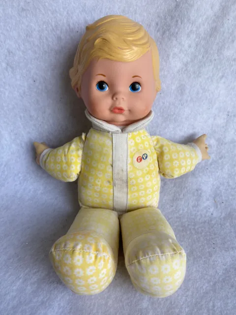 Vintage 1975 Fisher Price Honey Lap Sitter Blonde Baby Doll Plush- Yellow Floral