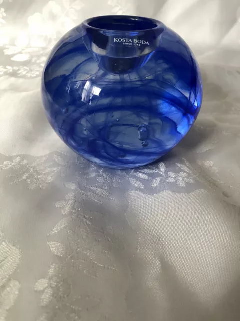 Kosta Boda Blue Candle Holder Swirl Glass Blue Tea Light Sweden 3742 Heavy