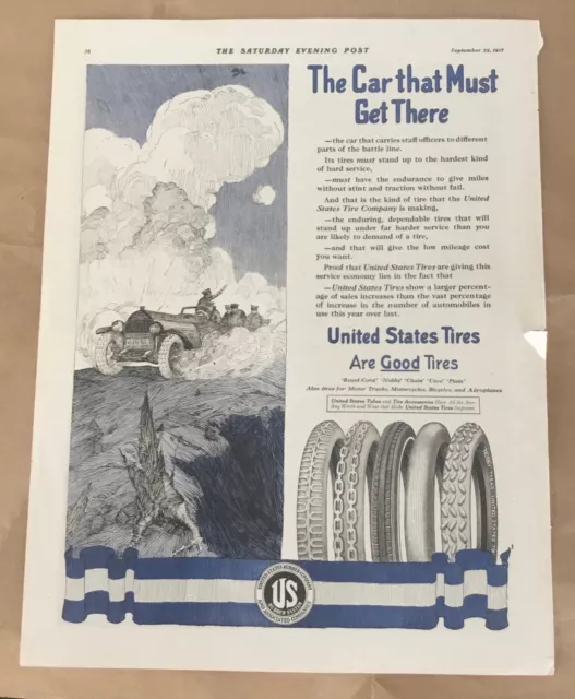 United States tires automobile print ad 1917 orig vintage illus retro art car