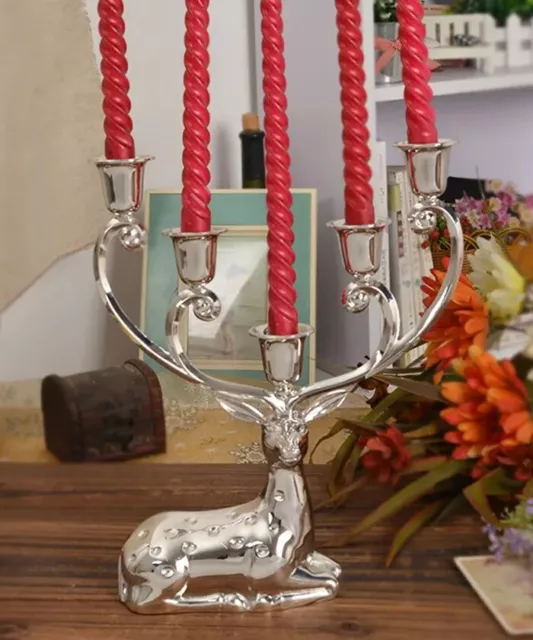 Christmas Candle Holder Decoration Taper Stag Reindeer Silver Sitting Doe Home
