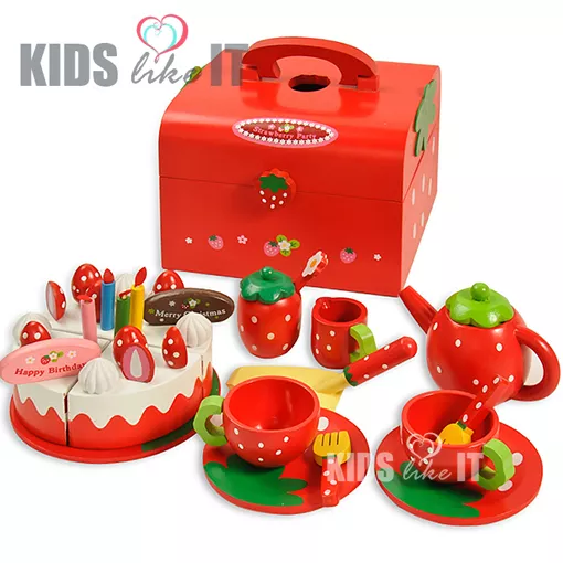 Kids GIRLS Red Wooden CAKE Afternoon TEA Cup Pretend Play TOY SET NEW in BOX