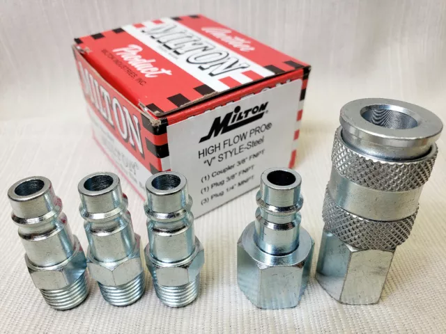 MILTON V-Style HighFlowPro STEEL 3/8" 1/4" High Flow Pro Coupler & Plug Set of 5