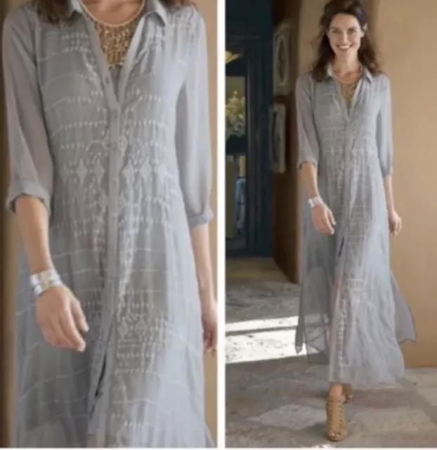 NWOT  Soft Surroundings Shirt Dress Sz M Gray Floral Embroidered Boho Maxi Ibiza