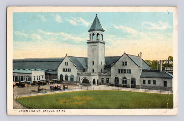 Postcard Maine Bangor ME Union Station Horse Carriage 1924 Posted White Border