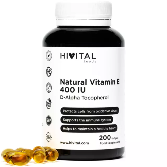 Vitamina E Natural 400 UI | 200 cápsulas blandas (más de 6 meses de suministro)