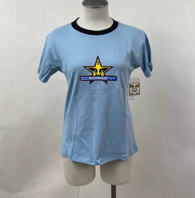 Obey Women's Ringer T-Shirt Star Silence Power Blue/Black Size S NWT Andre