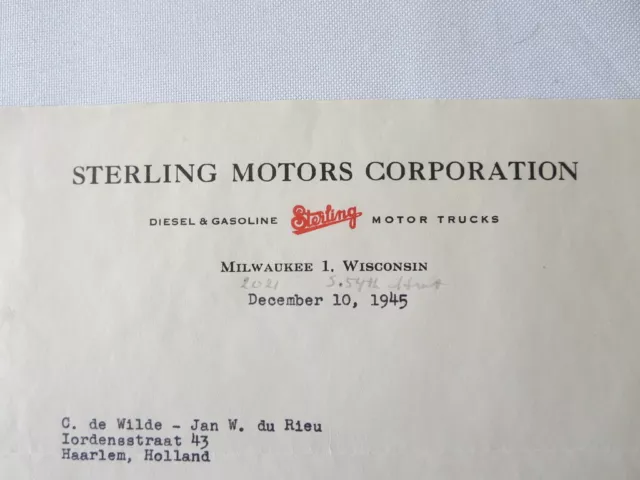 1945 Sterling Motor Truck Corporation Letter Letterhead Document