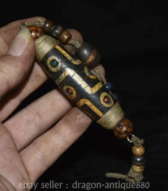 3.6" ancient Tibet religions meteorolite inlay gem 9 eye Dzi amulet pendant