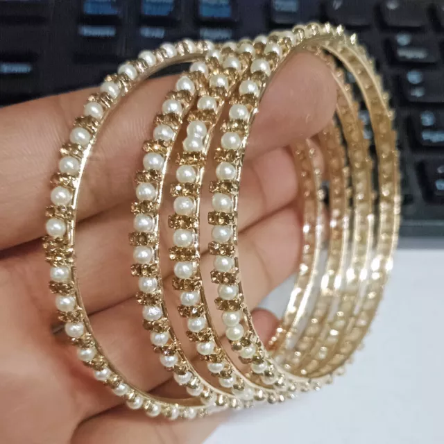 4 Pcs Pearl  Bangles Bracelet Indian Kada Gold Plated White Wedding Jewelry Set