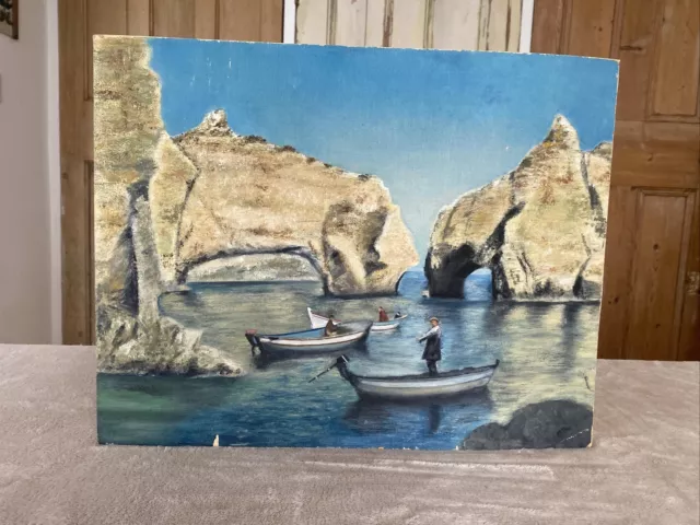Vintage Oil Painting Seascape Jurassic Coast Fishermen Boats