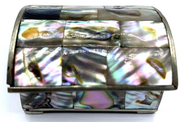 Alpaca Silver Mexico Abalone Mother of Pearl Shell Trinket Pill Box Hinged Vtg