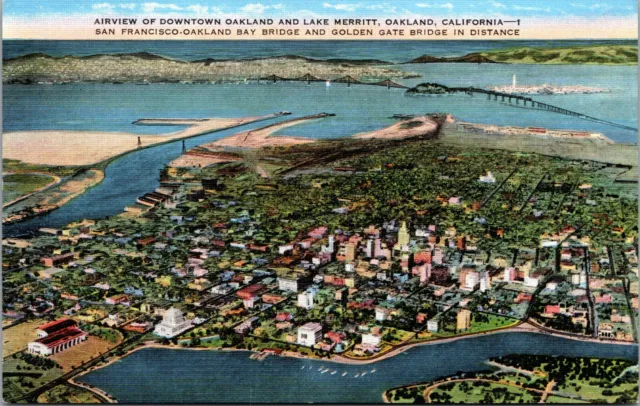 Vtg 1930s Aerial View of Downtown Oakland & Lake Merritt California CA Postcard