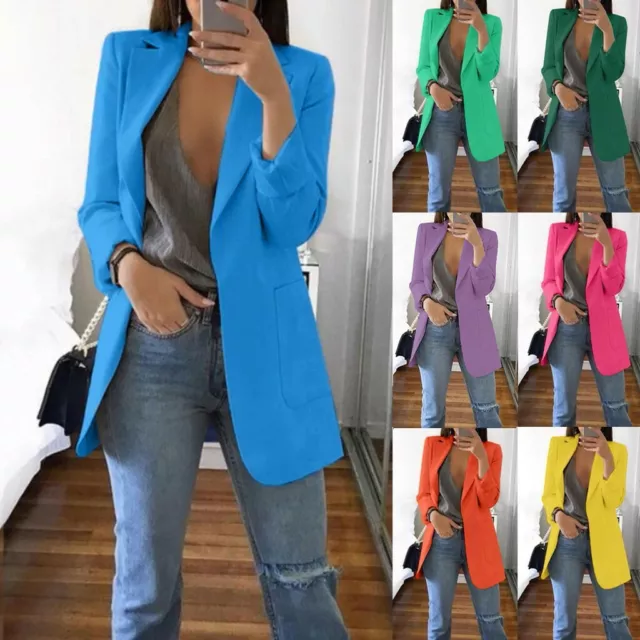 Plus Size Womens Open Front Plain OL Blazer Suit Ladies Long Sleeve Jacket Coat
