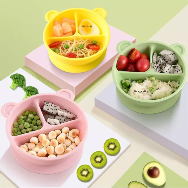 Baby Toddler Suction Base Plates Bowls BPA Free Feeding  Divided 3 Grids Plate
