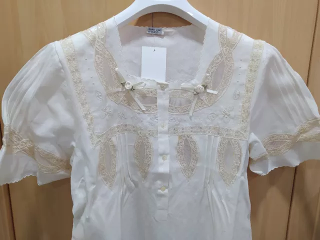 Camicia da notte in puro lino donna ricamo e pizzo tg. 46 panna