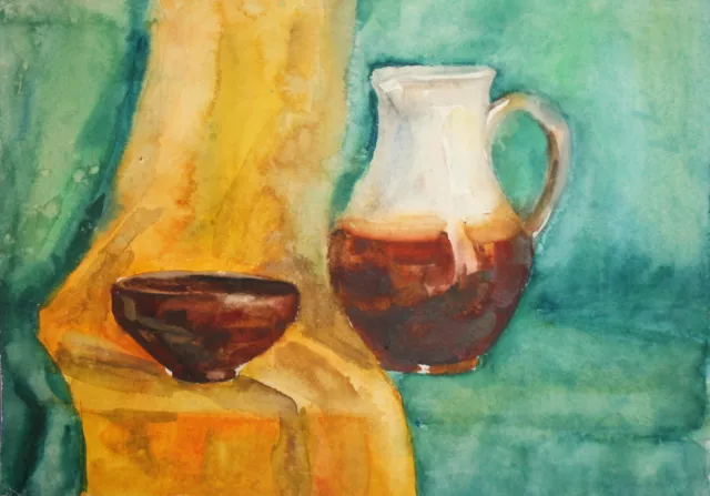 Vintage impressionist watercolor painting still life with jug and bowl