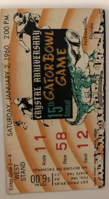 Annual Gator Bowl  15th football ticket stub Jan 2,  1960 Sec 11 Row 58 Seat 12