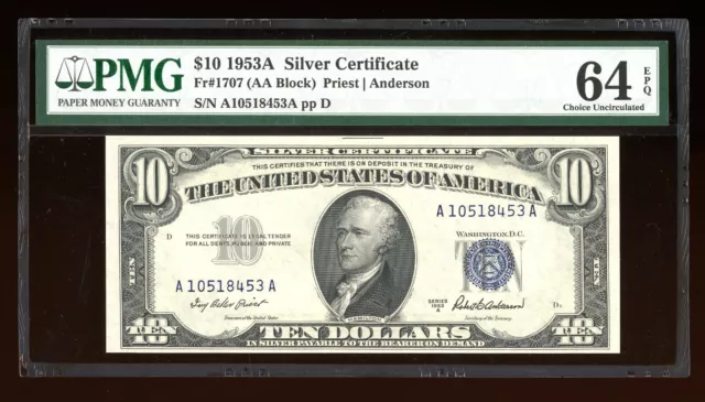 DBR 1953-A $10 Silver Fr. 1707 PMG 64 EPQ Serial A10518453A
