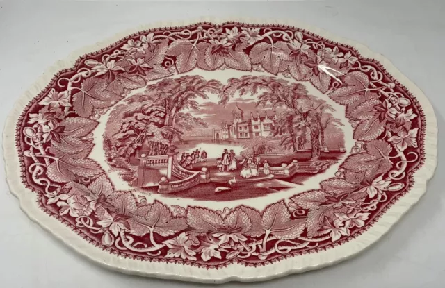 ANTIQUE MASONS VISTA LARGE IRONSTONE  17 x 13.5 Ins PLATTER OVAL RED/PINK