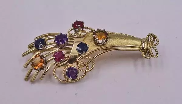 Brosche mit echten Edelsteine Rubin , Saphir,Citrin ,Amethyst in 750 18 Kt Gold