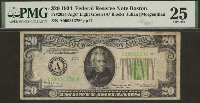 Rare 1934 $20 Boston Star Light Green Seal - Fr.2054Algs* - PMG Very Fine 25