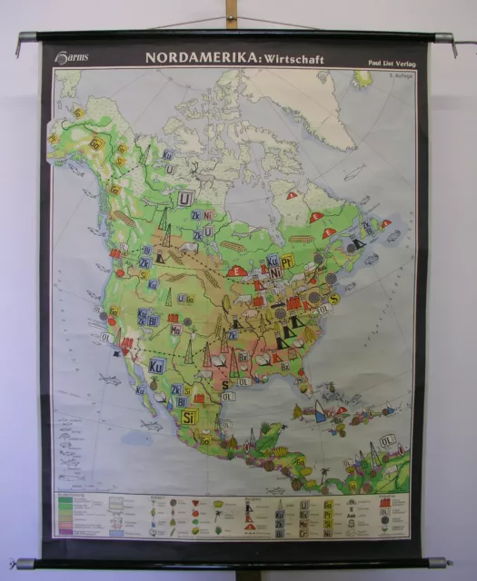 Schulwandkarte Wandkarte Karte USA Kanada Nord Amerika Wirtschaft ~1960 100x133c
