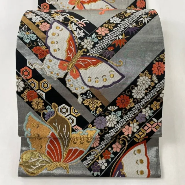 Japanese Kimono Obi Pure Silk Butterfly Flower Arabesque Foil Gold Thread Silver